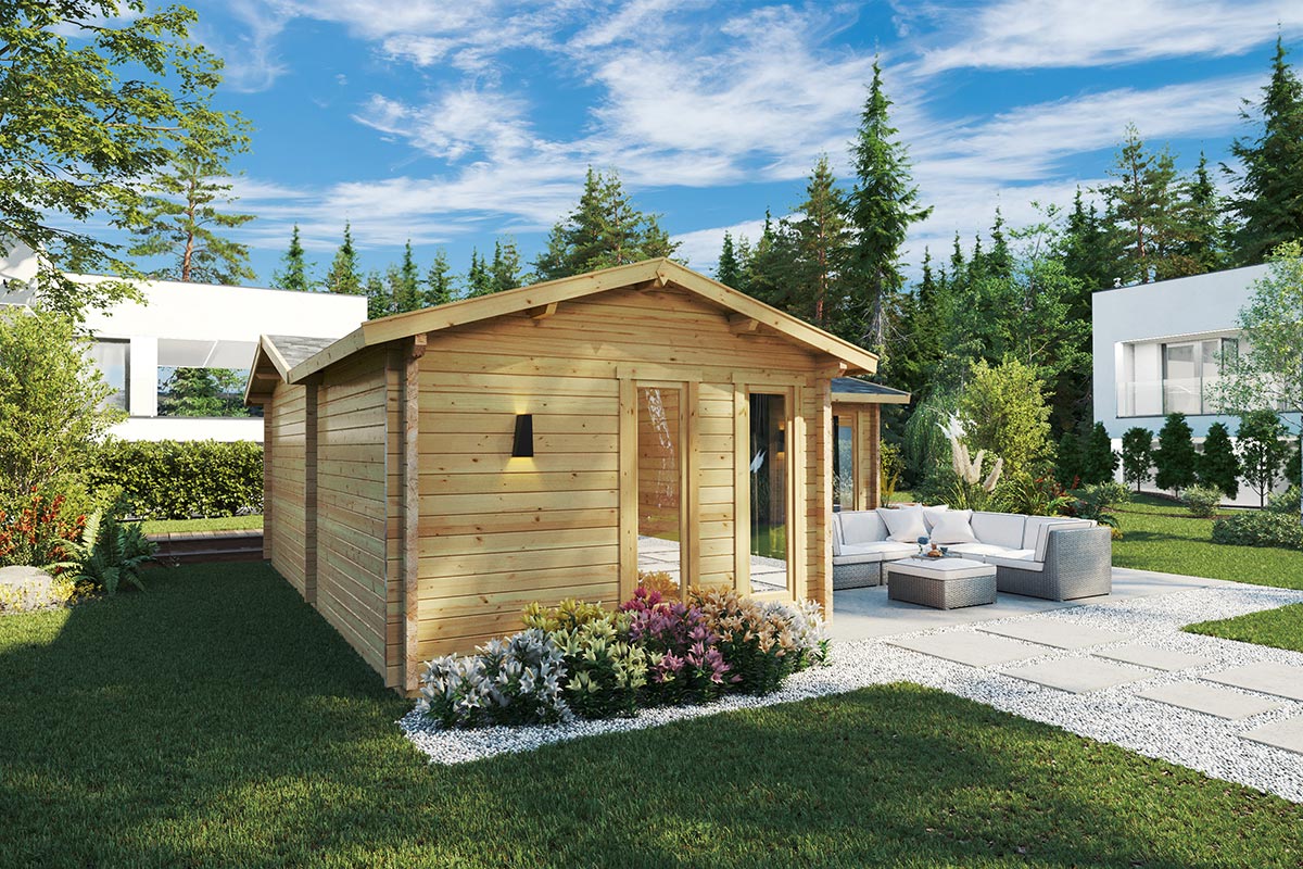 Eck-Blockhaus mit Schlafzimmer “Devon 1” 8x8m